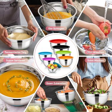 Набір мисок HaWare 7 шт. з нержавіючої сталі з кришками, 6.5-0.7л, кольорові, з силіконовим дном