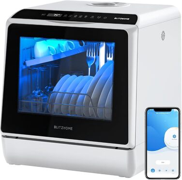 BLITZHOME Міні посудомийна машина з керуванням через додаток, 6 програм, портативна, 5л бак, з/без підключення до води, функція сушіння, для кемпінгу