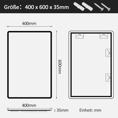 LED дзеркало для ванної кімнати Boromal 40x60 см з підсвічуванням та вимикачем, 6500K, холодний білий світ, стилізація Jf