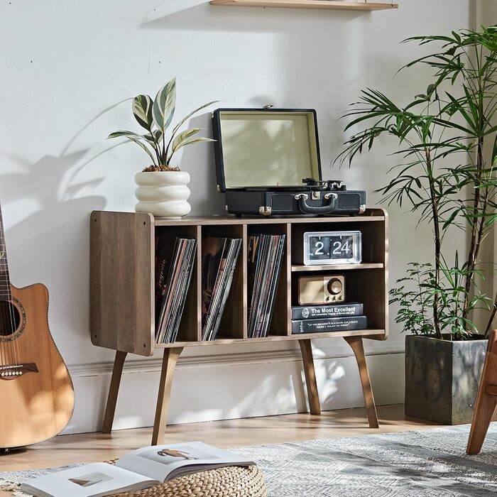 Сумка для вінілових платівок LELELINKY: стійка підставка для 220 платівок, з міцними дерев'яними ніжками, Mid-Century стиль, біле вінілове сховище (дуб)