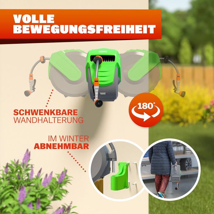 Шланговий барабан Gardebruk® 30м з тримачем для стіни, 2м шланг, багатофункціональна ручна лійка для душу, система автоматичного змотування, водяна коробка для саду 1/2'