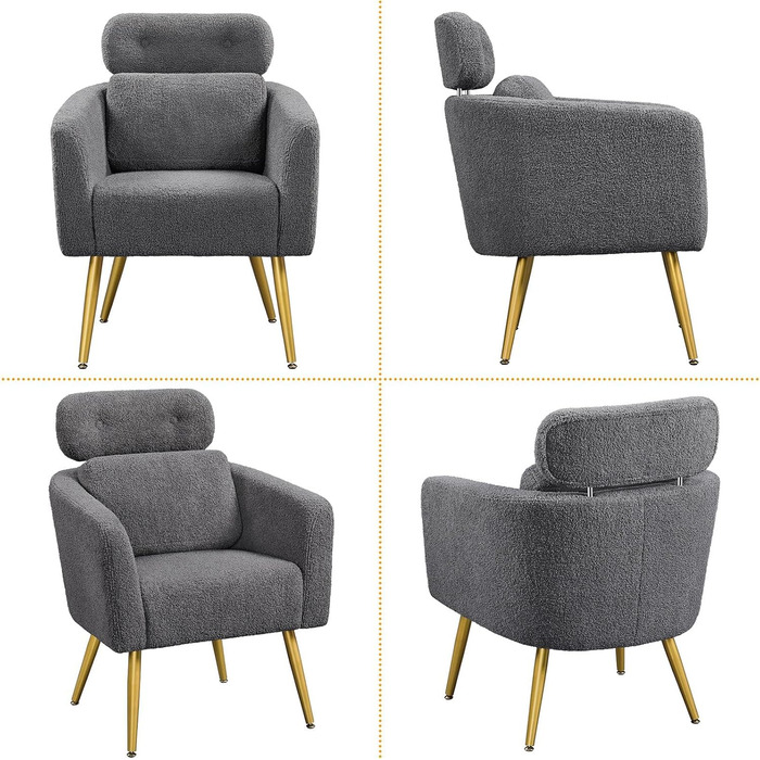 Крісло Yaheetech з тканини букле, крісло-релакс з регульованою спинкою та металевими ніжками, біле (темно-сіре)