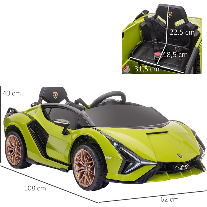 Електромобіль для дітей Lamborghini SIAN 12V, з пультом, музика, світло, металевий, зелений, 108x62x40 см, 37-60 місяців, HOMCOM