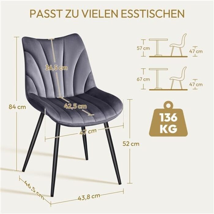 Набір обідніх стільців Yaheetech, 4 шт., з м'яким сидінням з велюру та металевими ніжками, до 150 кг, сірий