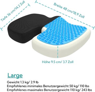 Ортопедична подушка для сидіння Bonmedico з Memory Foam та гелевим наповнювачем - для автомобіля, офісного крісла та інвалідного візка. Великий розмір (Блакитний)