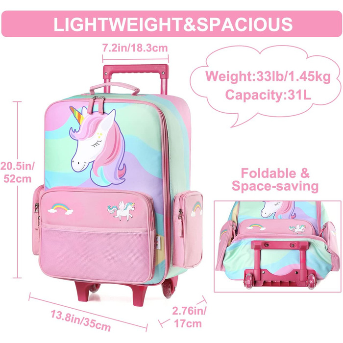 Витончений дитячий валізу, красивий дорожній валізу для дівчаток, ручна поклажа, дитячий візок з колесами, 18 дюймів, райдужний єдиноріг
