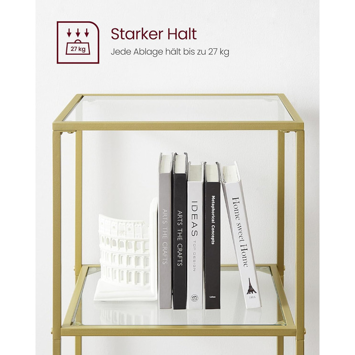 Регал VASAGLE з 5 полицями, скляна вітрина для ванної, вітальні, кухні, офісу, прозора + металік золото, легка збірка, LGT029A01