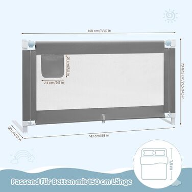 Бортик для ліжка WOLTU 150 см, захисний бар'єр для дітей та немовлят, регульована висота 69-87 см, тканина Оксфорд, металевий каркас, темно-сірий