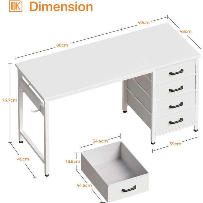 Комп'ютерний стіл ODK з 4 шухлядами 120x48x75.7 см, білий, з тримачем для навушників