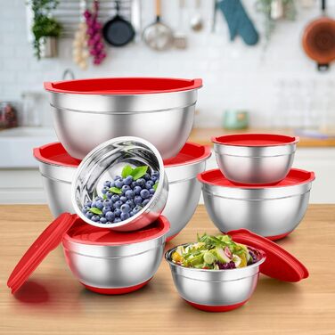 Набір мисок TEAMFAR з нержавіючої сталі: салати, зберігання, приготування їжі. Об'єм: 0.7-6.5 л, з кришкою та силіконовим дном.