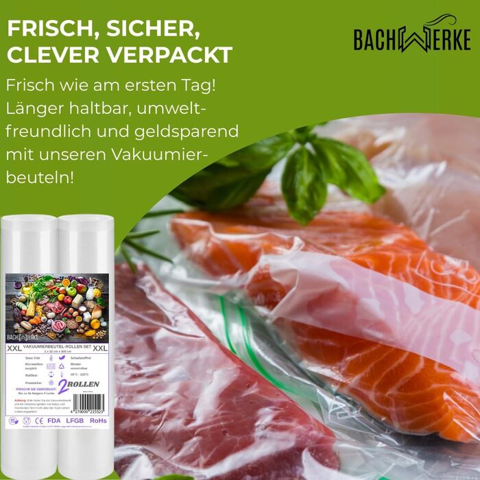 Вакууматор для продуктів BACHWERKE з шириною шва 32 см, вакуумний пакувальник з запасним різаком, рулоном плівки та 10 пакетами XXL