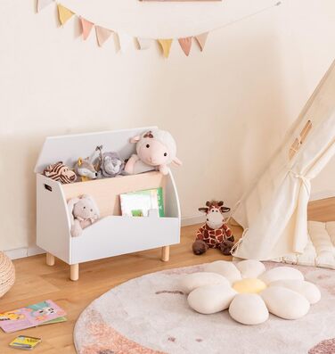 Дитяче книжкове та іграшкове шафка SOARS 2 в 1, білий, 60 x 30 x 44 см. Масивні дерев'яні ніжки, органайзер для іграшок з кришкою та відкритими полицями. Шафа для дитячої кімнати.