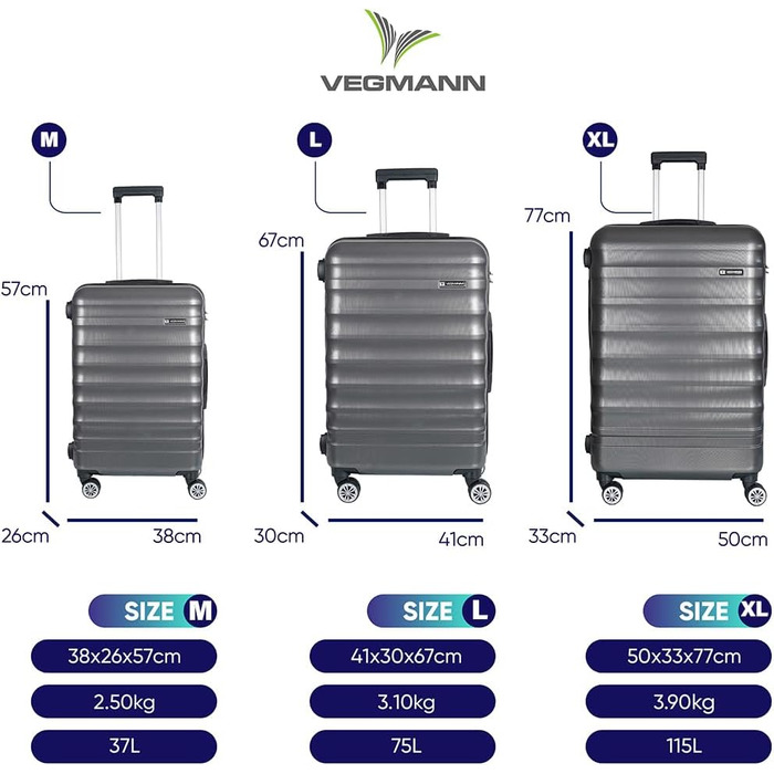 Жорсткий чохол VEGMANN XL 77см, 115л, 4 колеса, кодовий замок, антрацит