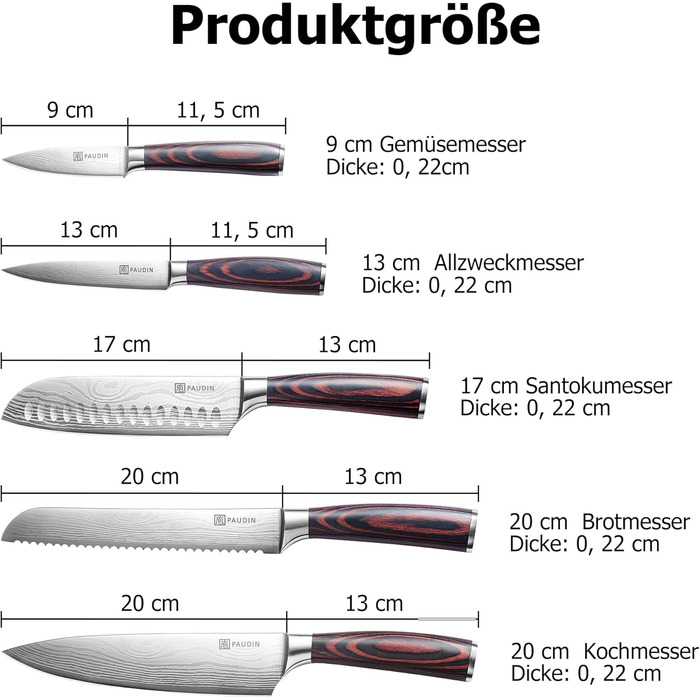 Набір кухонних ножів PAUDIN з 5 предметів з високоякісної вуглецевої нержавіючої сталі, надгострий з кухарським ножем