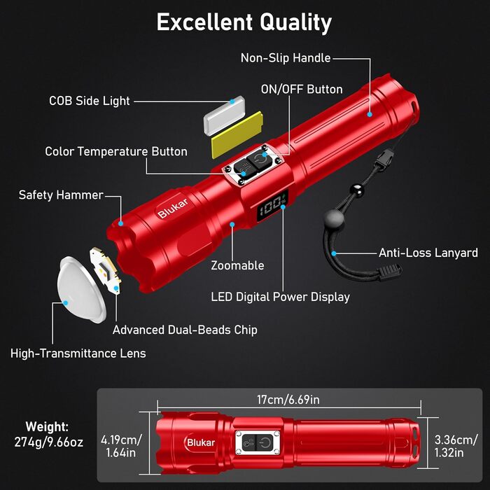 Ліхтарик Blukar LED з двома кольорами температури, бічне COB-світло, акумуляторний, яскравий, з регулюванням яскравості та зумом, 7 режимів, водонепроникний, для кемпінгу та надзвичайних ситуацій (Червоний)