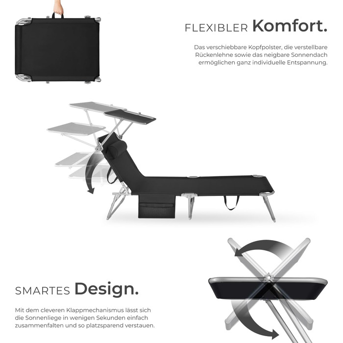 Лежак для відпочинку Tectake®: розкладний, портативний, з кишенею, для саду, пляжу, кемпінгу, з регульованою спинкою та подушкою (чорний)