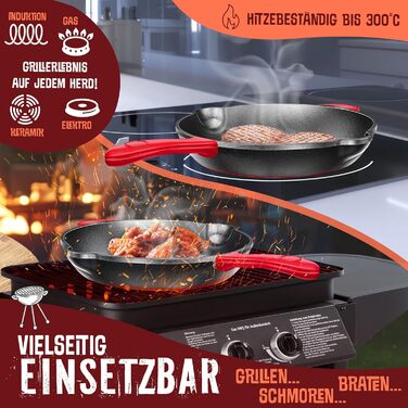Кесер® сковорода-гриль з чавуну для індукційних плит, газових та вугільних грилів, духовки | Сковорода для стейків | 26 см | З захисними ручками, рецептами та очищувачем