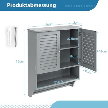 Підвісна шафа COSTWAY, 3 полиці, регульована полиця, навісна шафа, шафа для ванної кімнати, сірий