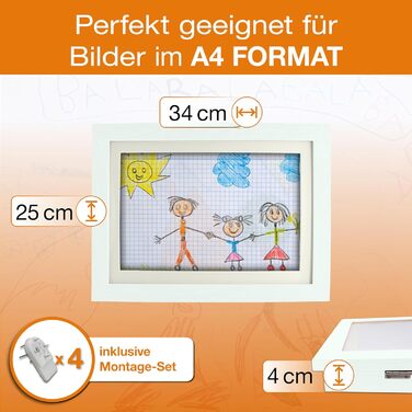 BALA® Преміум рамки для фотографій - 2 шт. A4, для дитячих малюнків та творчих робіт, з фронтальною відкриваністю та кріпленням для підвішування/ставлення, вміщують 120+ зображень (Білий)