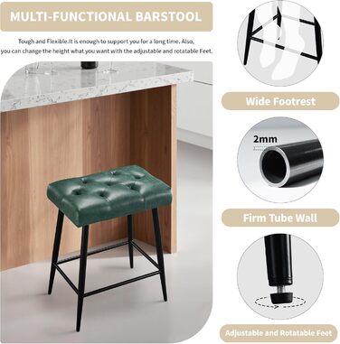 Набір з 2 барних стільців, м'яке сидіння з мікрофібри, ретро дизайн з підніжкою, висота 62.5 см, без спинки, для кухні, бістро, їдальні - сірий (зелений туфтинг)