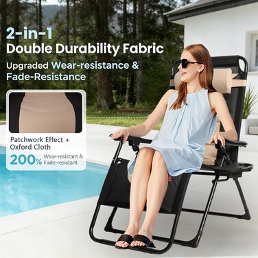 Розкладне ліжко для саду, широке 72 см, з підстаканником та подушкою, для відпочинку на вулиці, на терасі або балконі (Бежевий)