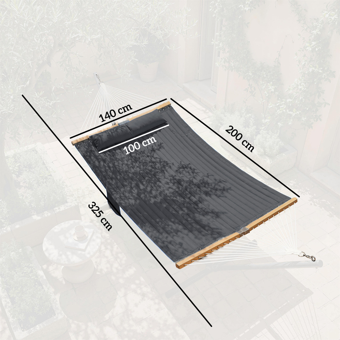 Гамак вуличний 200x140 см, двошаровий, з підголівком та кишенею для журналів, дерев'яні розпірки, витримує до 200 кг