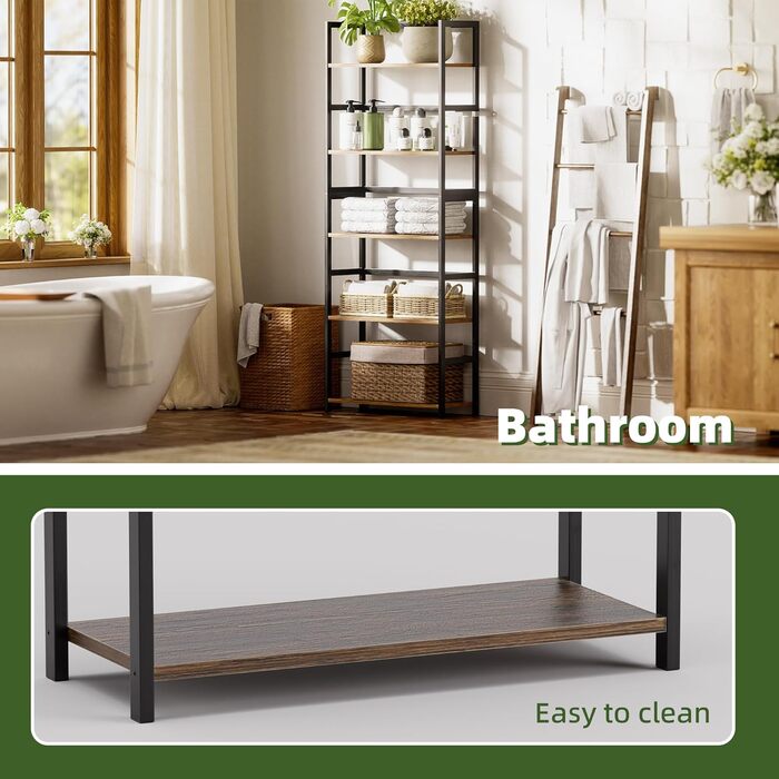 5-ярусна полиця для книг, індустріальна полиця з бамбуковим каркасом, сучасна вітрина, органайзер для зберігання з дерева для вітальні, домашнього офісу, рустикальний коричнево-чорний колір