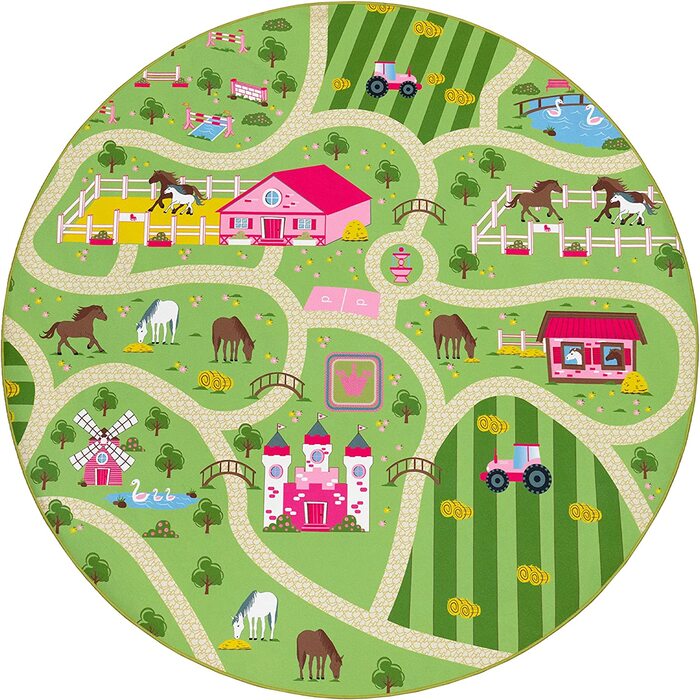 Дитячий килимок Paco Home для дитячої кімнати, ігровий килимок з пейзажем і конячками нековзний розмір (80 х 150 см, зелений)