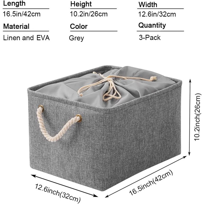 Коробка для зберігання Yawinhe з 3 комплектів з кришкою, 42 x 32 x 26 см, тканинні складні коробки з кришкою на шнурку і 2 ручками, тканинна коробка, кубики, SNK003WGL (42x32x26 см / 3 упаковки, сірий)