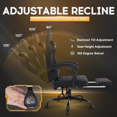 Ігровий крісло Vittanly з пружинним сидінням, ергономічний геймерський стілець з підголівником, поперековою подушкою та підніжкою, регульований поворотний ігровий крісло-офісне крісло, чорний, 150 кг