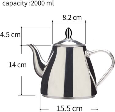 Чайник з нержавіючої сталі SANQIAHOME з фільтрувальною вставкою кавник з фільтром Чайник для заварювання безпосередньо в чайнику порожнисті ручки сімейний або ресторанний чайник 60 унцій 2000 мл (2,0 л) (без чайного фільтра, 2,0 літра)