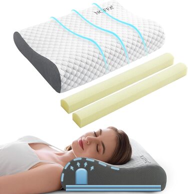 Подушка NOFFA з піною з пам'яті Memory Foam, ортопедична, для сну на спині, боці та животі, регульована висота та жорсткість, 55 x 35 x (11/8, 8/5) см, 60 x 35 x 12 см, сірий & білий колір