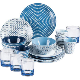 Набір посуду для кемпінгу на 4 особи, блакитно-білий, з меламіну, 16 предметів. Ідеально для кемпінгу, трекінгу, подорожей та пікніків.