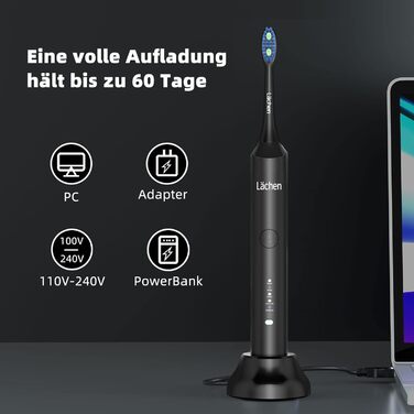 Електрична звукова зубна щітка Läschen з 5 режимами, кейс, 4 насадки, USB-зарядка, таймер, IPX7, чорна