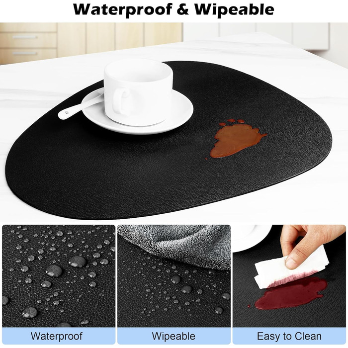 Набір з 6 серветок на стіл, миючі, з підставками, двосторонні, з імітацією шкіри, водонепроникні для обіднього столу, кухні, ресторану та дому (6 шт., чорний)