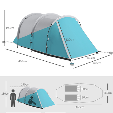 Тунельний намет Outsunny на 5 осіб, 180H x 460L x 230W см, стійкий до ультрафіолету, з кілочками, відтяжками, сумкою для перенесення, водовідштовхувальним, синій
