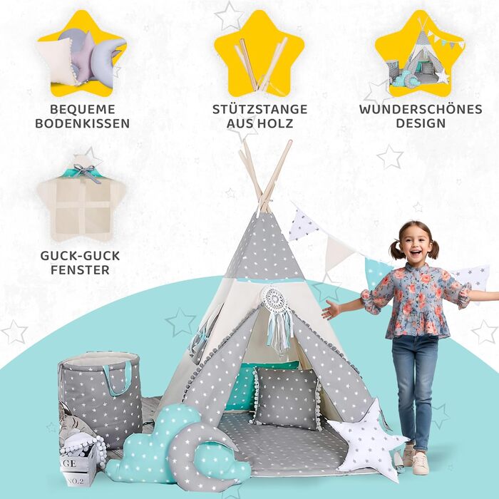Дитяче намет-типі з ковдрою, подушкою, віконцем та кошиком для іграшок. Намет-індейський для дітей з бавовни, для гри в приміщенні та на вулиці (з елементами вовка, зірки, сірого кольору)