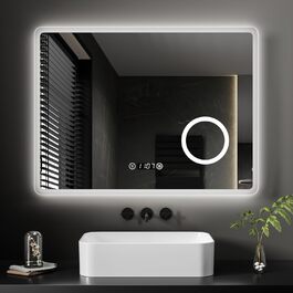 EMKE® LED дзеркало для ванної кімнати 80x60 см з підсвічуванням, сенсорне, регулювання яскравості, протитуманне, 3 кольори світла, годинник, IP44