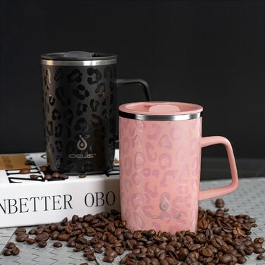 Кавова чашка Ideus® 470 мл з подвійними стінками, з нержавіючої сталі, з нековзним ручками та кришкою-ковпачком (Червоно-зебра, Рожева Леопард)