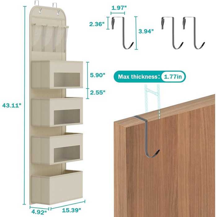Органайзер для підвішування дверей YOUDENOVA з 4 великими кишенями, 3 кишенями з ПВХ, 2 металевими гачками, бежевий