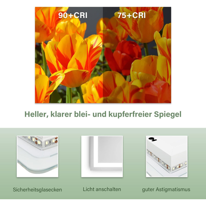 Дзеркало для ванної кімнати Badspiegel 80x60 з підсвічуванням, протизапітнінням LED, 3 колірні температури, IP44, тип C, 60L x 80B см