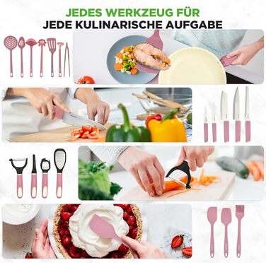 Набір кухонного посуду NutriChef 54 елементи – сковорідки, каструлі, кухонні аксесуари, ножі, форми для випічки, для індукції, газу та електроплити, здорове та дієтичне приготування (рожевий)