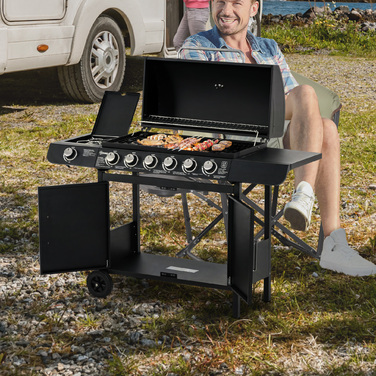 Газовий гриль Outsunny BBQ на коліщатках з 6 пальниками, 1 бічним пальником, шафкою, багатофункціональний, металевий, чорний, 135 x 50 x 100 см | Aosom