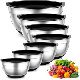 Набір місок TEAMFAR 7 шт., нержавіюча сталь, з кришками та силіконовим дном, 0,7L - 6,5L, чорний