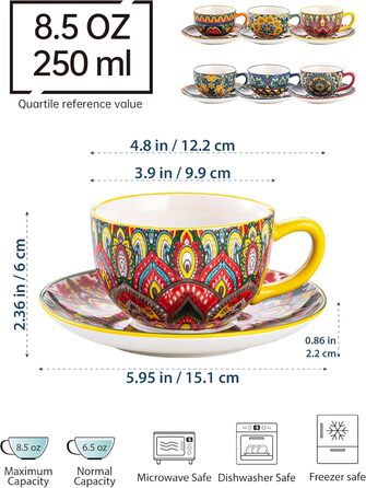 Кавовий сервіс Henten Home з порцеляни, 6 чашок, 250 мл, ручної роботи, набір для 6 осіб. Включає чашки та блюдця