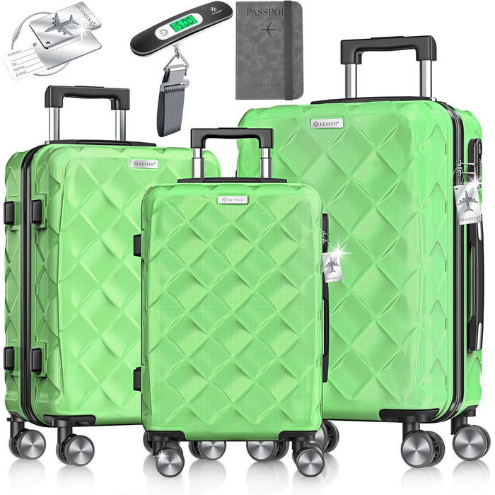Набір валіз KESSER® 3 шт. | ABS валізи з кодовим замком, ваговою шалькою та органайзером для документів, 360° колеса | Ручна поклажа та великі валізи для подорожей та бізнесу (Apple Green)