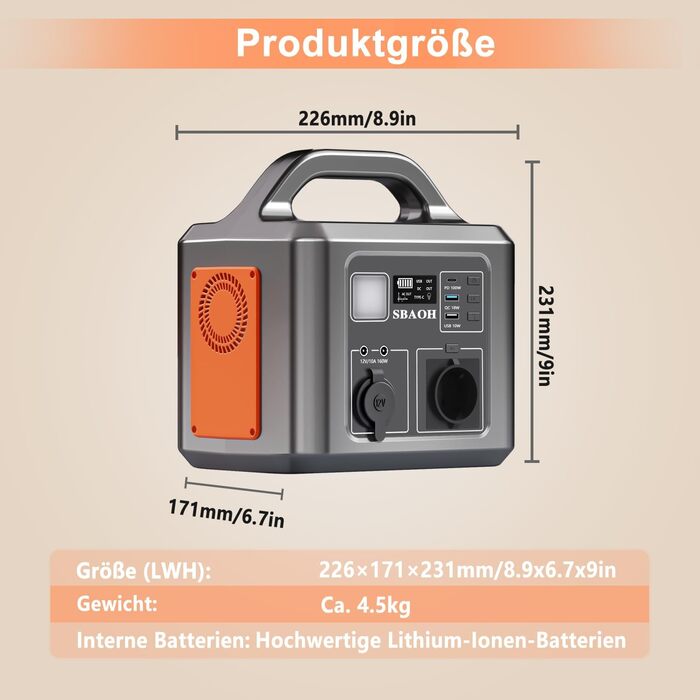 Портативна електростанція SBAOH 600W, 538.7Wh, сонячний генератор з виходом AC/USB, для подорожей, кемпінгу та надзвичайних ситуацій