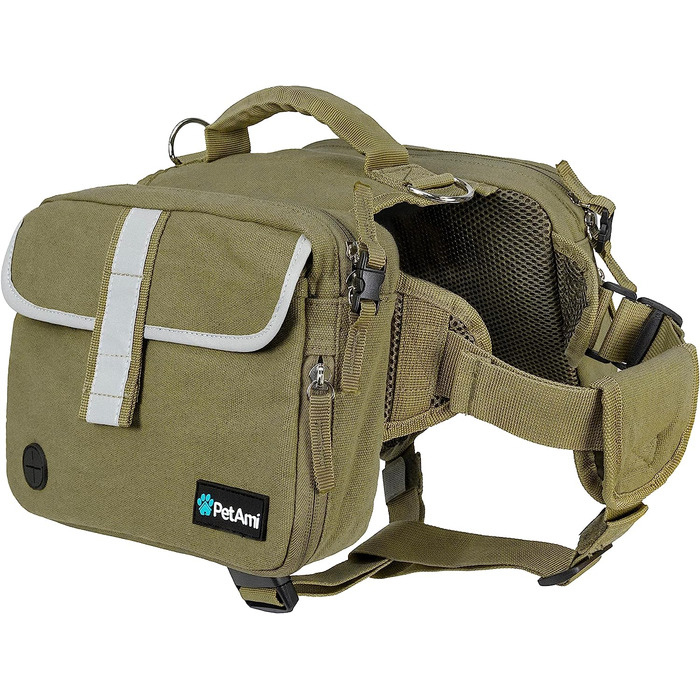 Рюкзак для собак PetAmi для собак середнього розміру, сумка для сідла для собак для перенесення, сумка для жилетів для собак для подорожей (велика) (велика, оливкова полотняна)