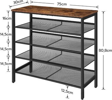 Полиця для взуття HOOBRO, 4 полиці для взуття, тумба для взуття, регульована полиця з металевої сітки, місткий верх, на 12-15 пар взуття, передпокій, коридор, промисловий, вінтажний коричнево-чорний EBF42XJ01 (темно-коричневий чорний, 75 х 30 х 81 см)