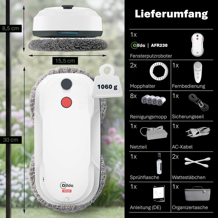 Робот для миття вікон AFR230 з подвійним розпиленням, інтелектуальною навігацією та пультом дистанційного керування, для внутрішніх та зовнішніх вікон, об'єм бака 60 мл, сумка для зберігання, 8 ганчірок